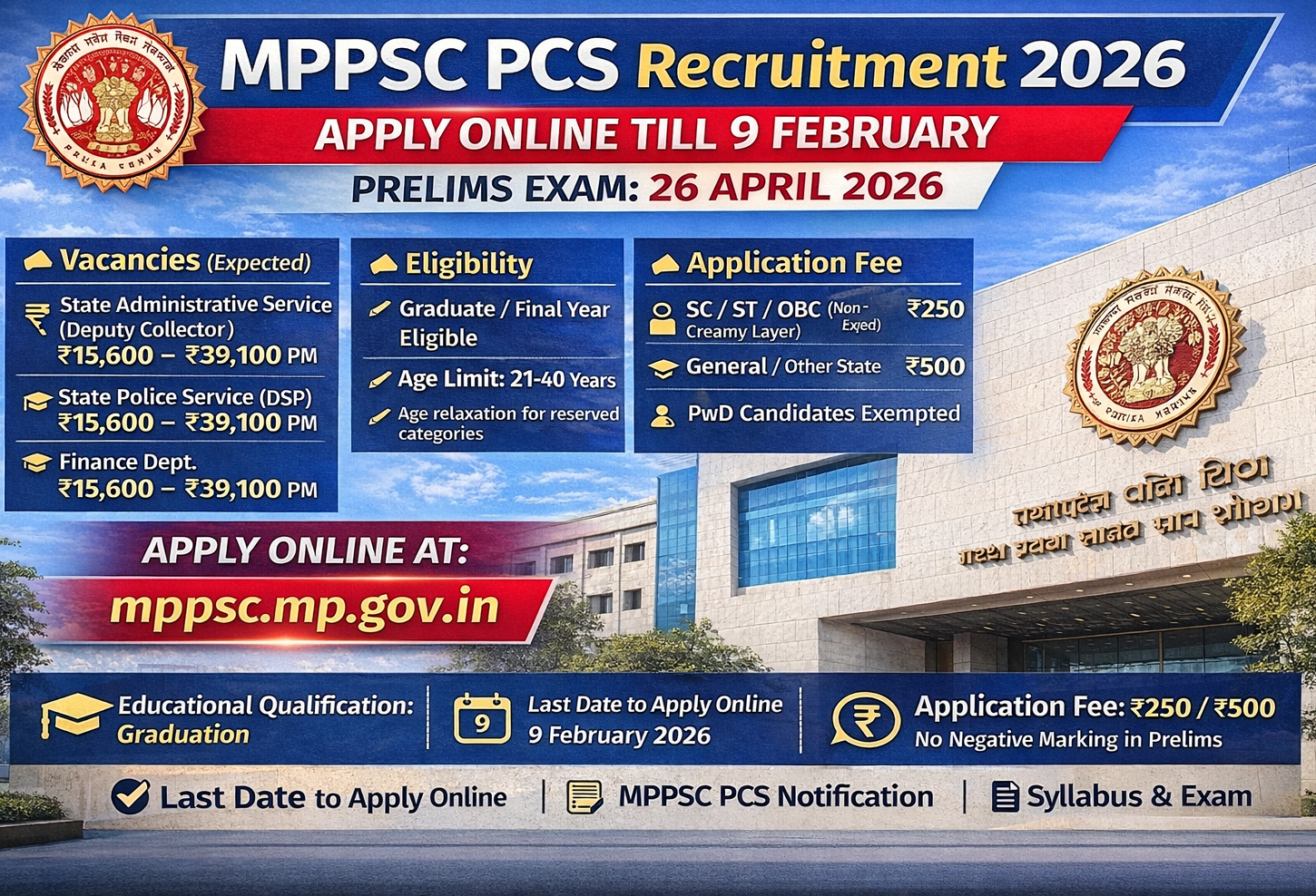 MPPSC PCS Recruitment 2026: Last Date 9 February – Apply Online for State Civil Services